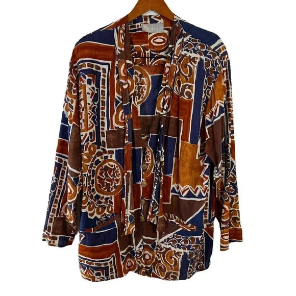 AC Sport Vintage Button Up Blouse Brown Blue Boho 70s Shoulder Pads Rayon Retro - Picture 1 of 7